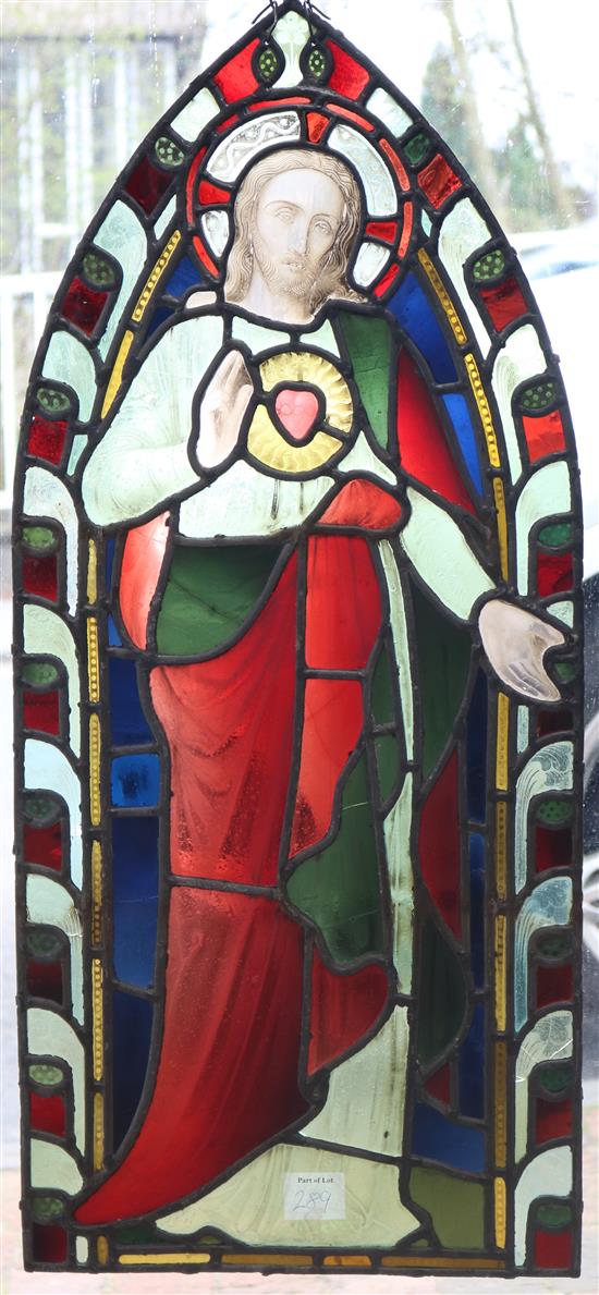 A pair of 19th century lancet-shaped stained glass panels height 87cm width 37cm